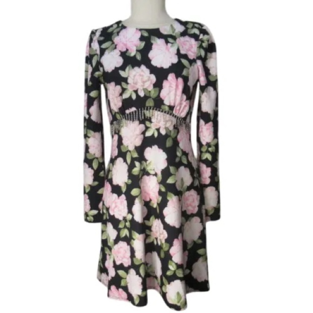 ASOS Black Dress with Pink Floral Design With Rhinestone Detail